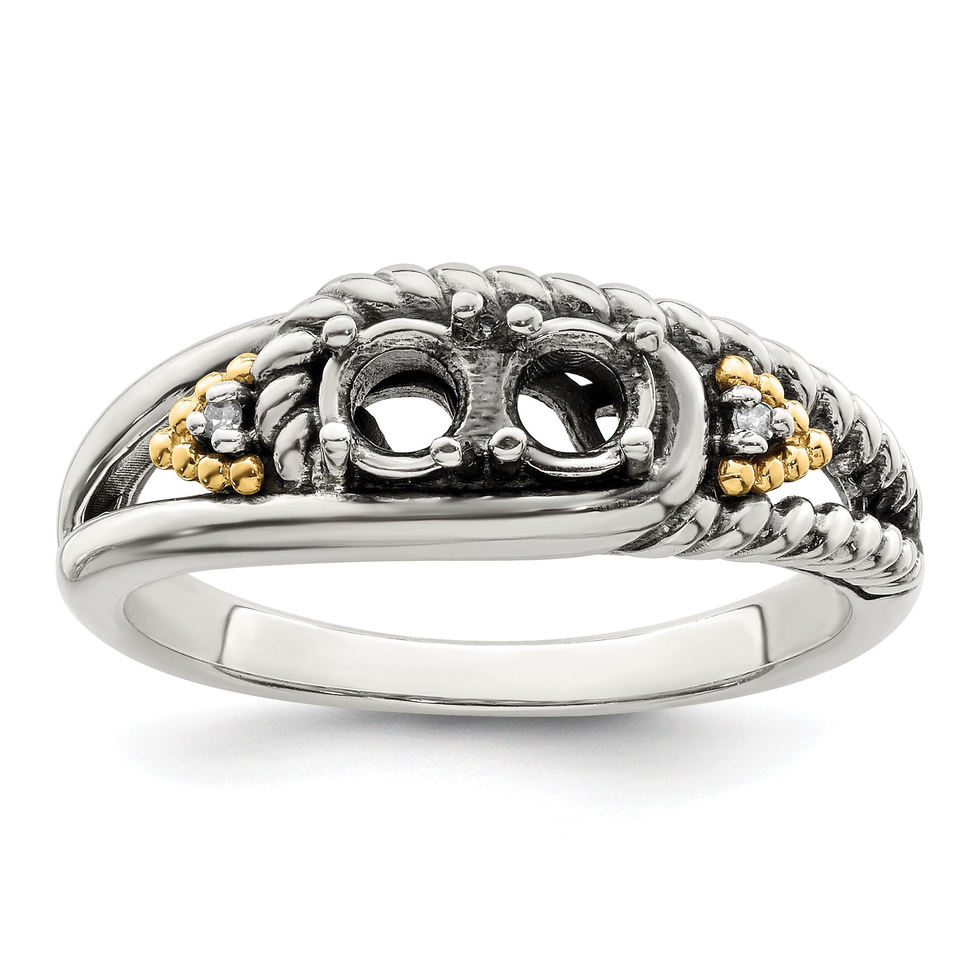 Sterling Silver Antiqued w/14k 2-stone w/Diamond Mother's Ring Semi-Mount