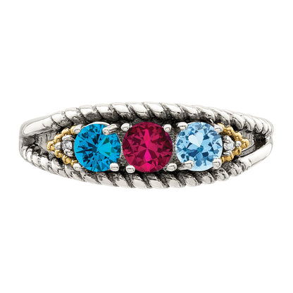 Sterling Silver Antiqued w/14k 3-stone w/Diamond Mother's Ring Semi-Mount