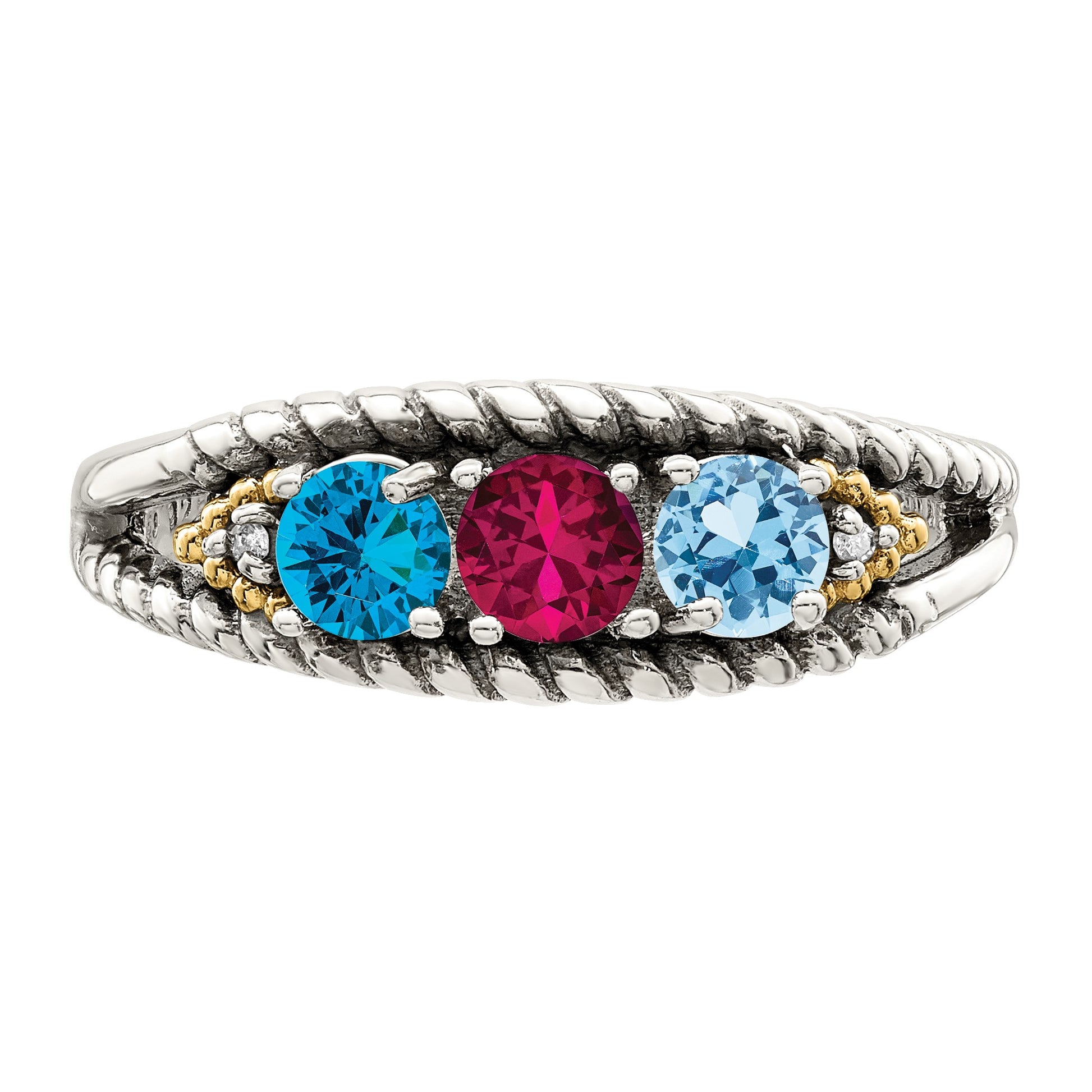 Sterling Silver Antiqued w/14k 3-stone w/Diamond Mother's Ring Semi-Mount
