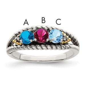 Sterling Silver Antiqued w/14k 3-stone w/Diamond Mother's Ring Semi-Mount