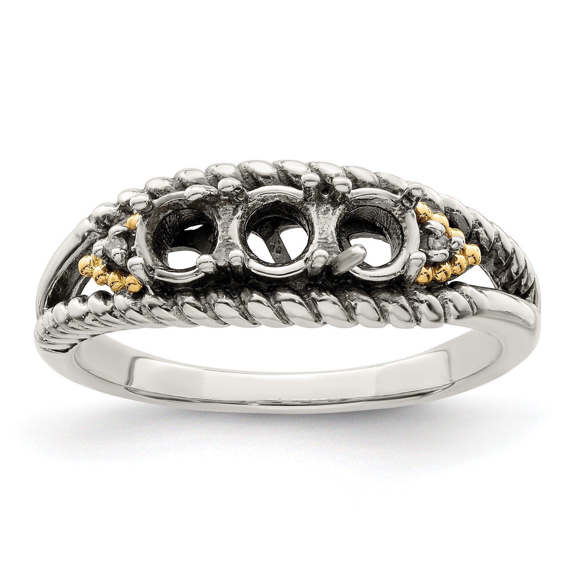 Sterling Silver Antiqued w/14k 3-stone w/Diamond Mother's Ring Semi-Mount