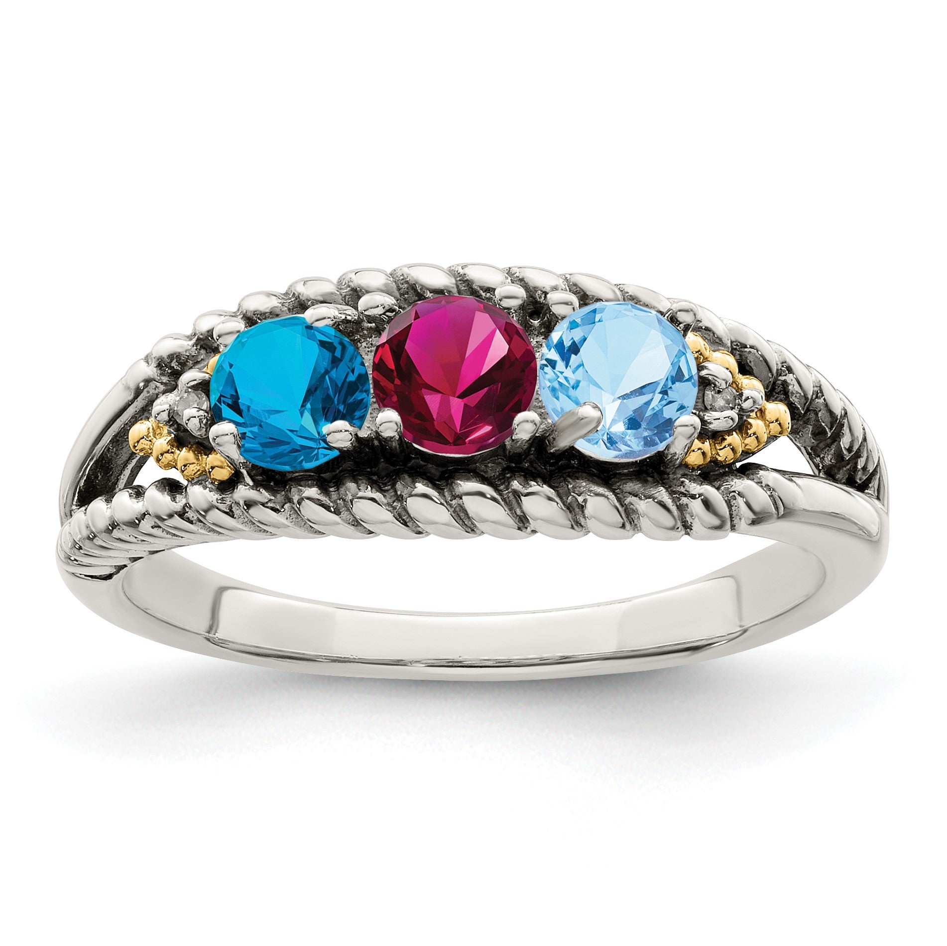 Sterling Silver Antiqued w/14k 3-stone w/Diamond Mother's Ring Semi-Mount