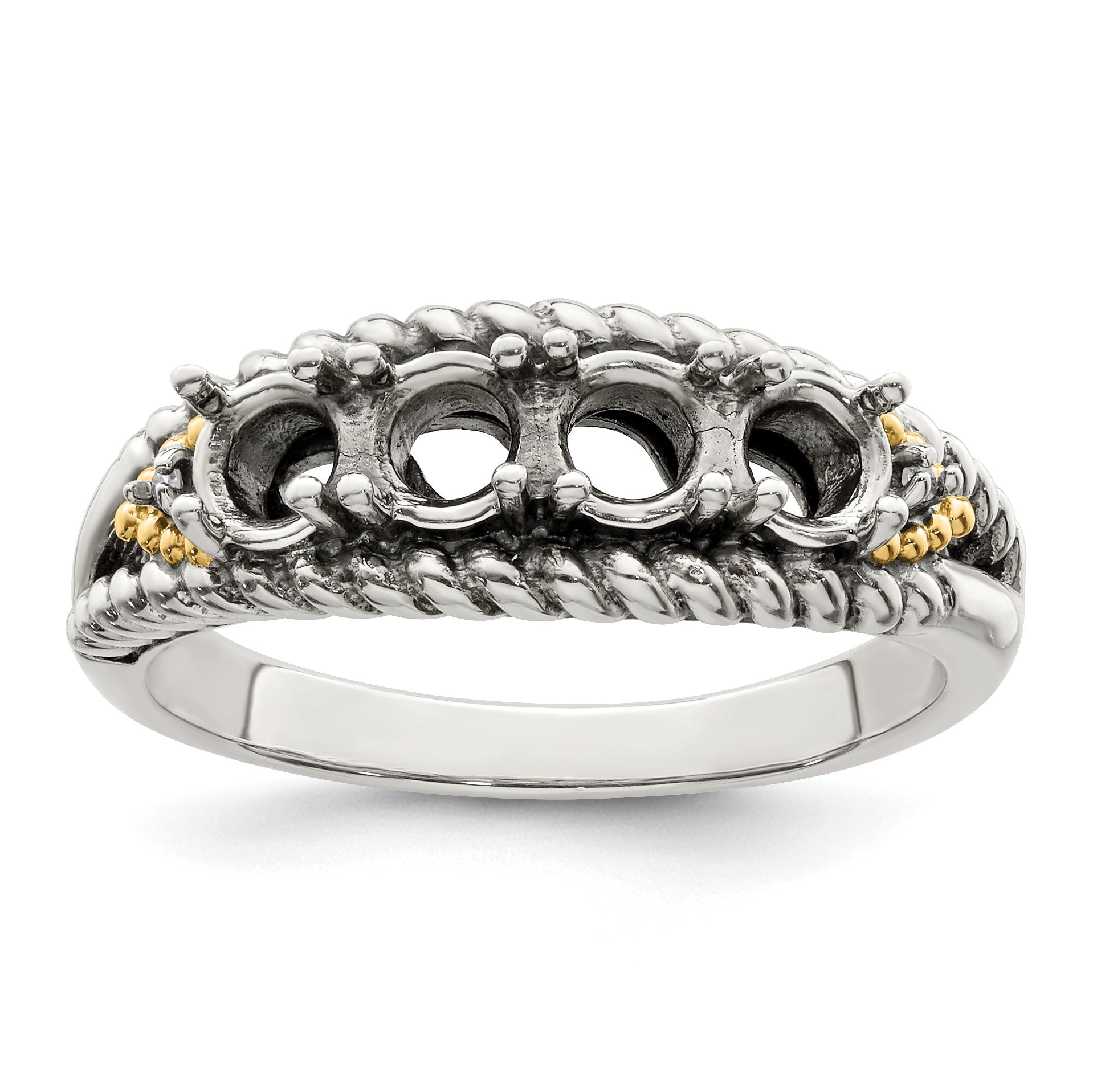 Sterling Silver Antiqued w/14k 4-stone w/Diamond Mother's Ring Semi-Mount