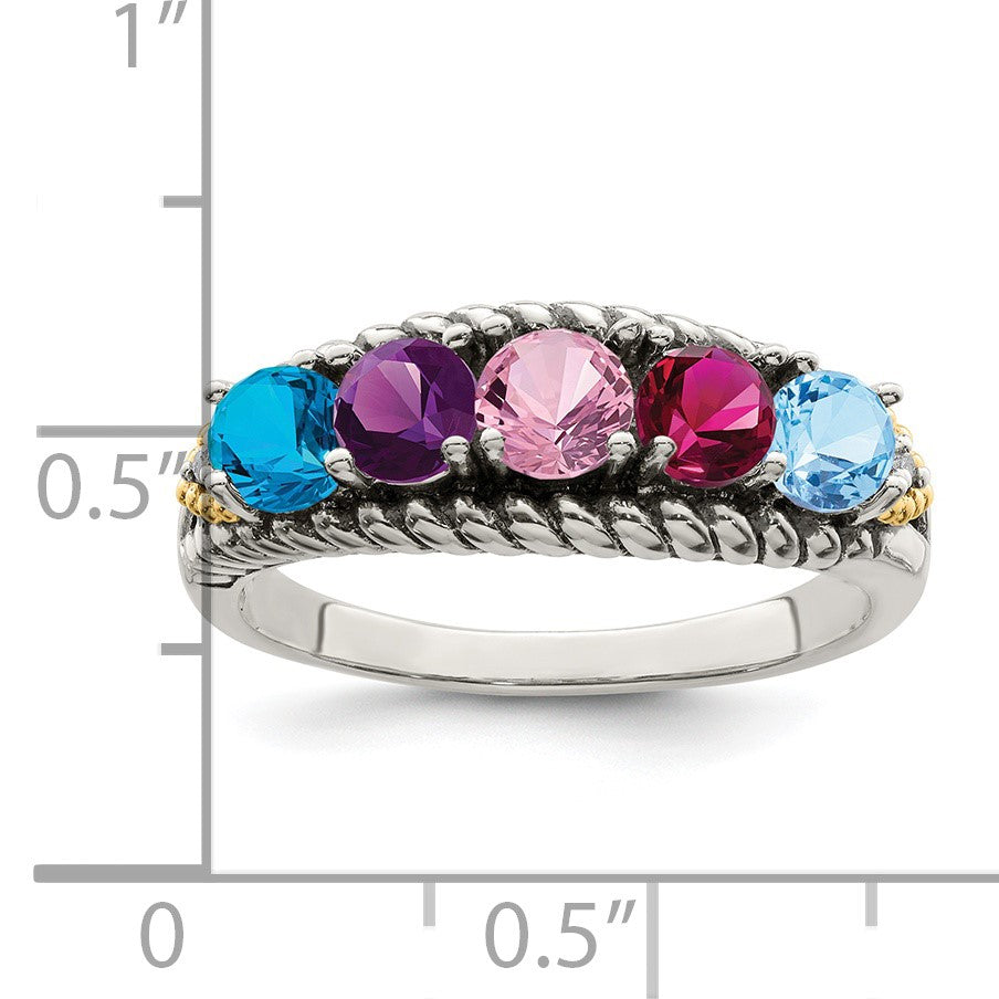 Sterling Silver Antiqued w/14k 5-stone w/Diamond Mother's Ring Semi-Mount