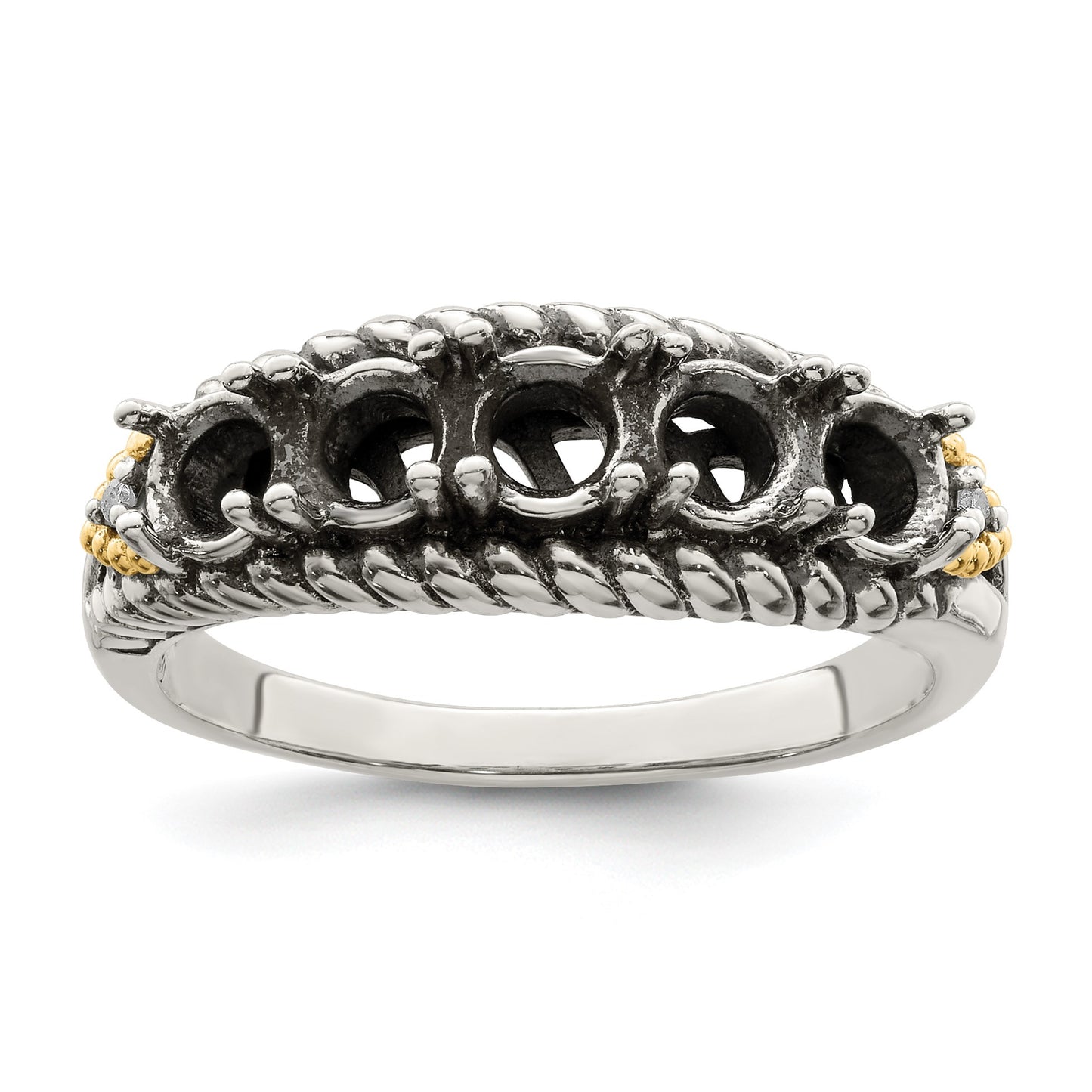 Sterling Silver Antiqued w/14k 5-stone w/Diamond Mother's Ring Semi-Mount