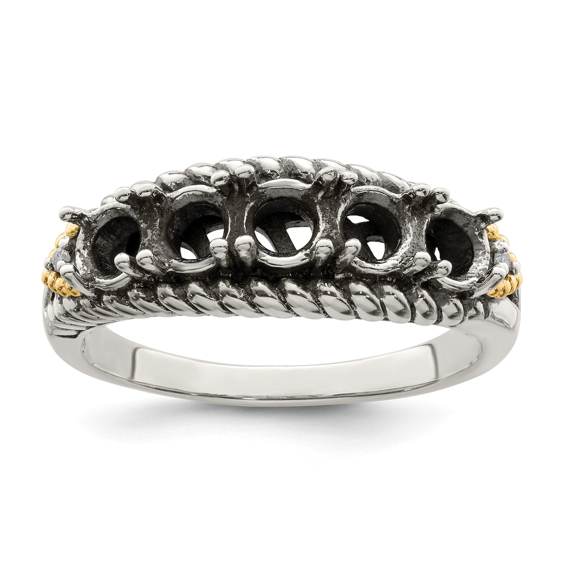 Sterling Silver Antiqued w/14k 5-stone w/Diamond Mother's Ring Semi-Mount