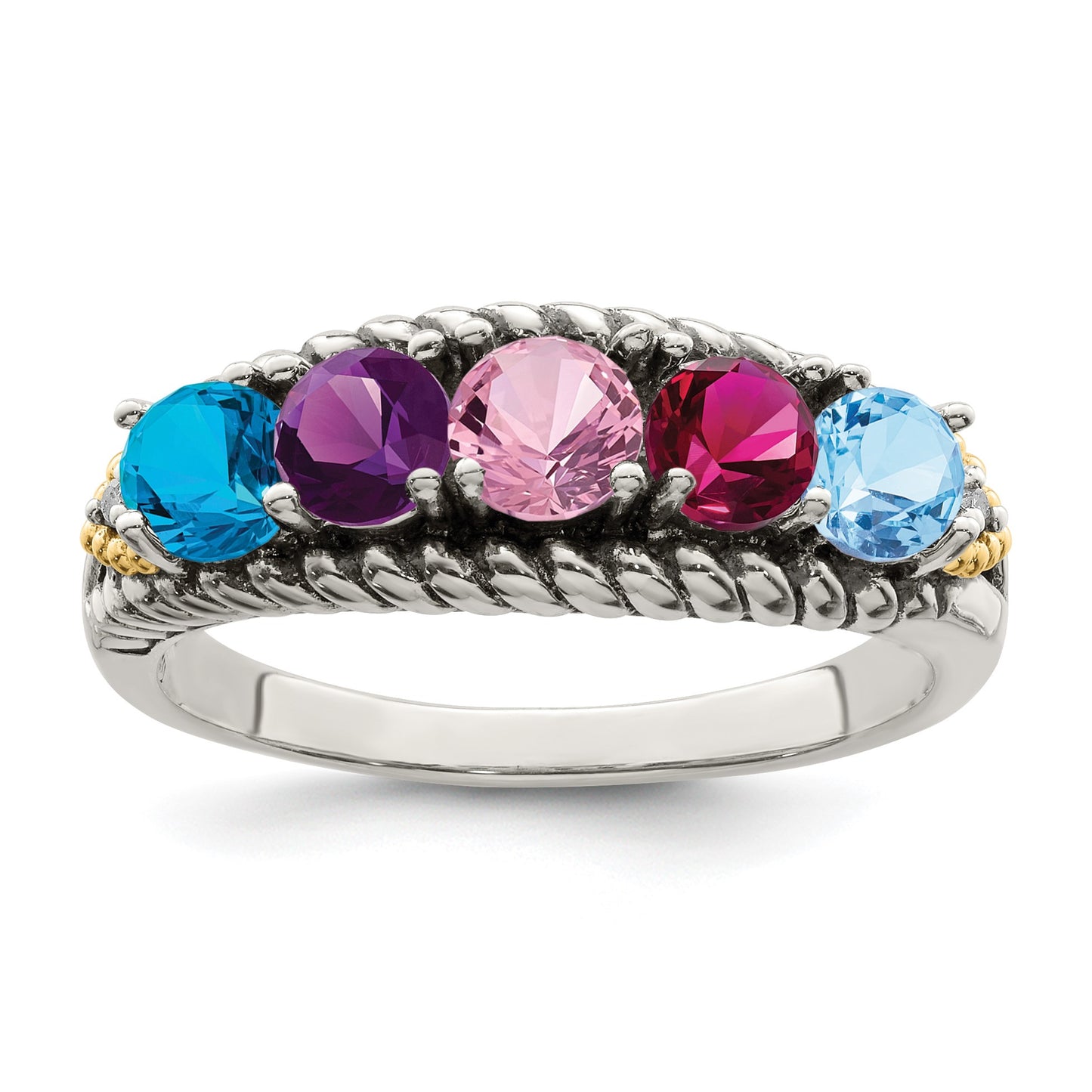 Sterling Silver Antiqued w/14k 5-stone w/Diamond Mother's Ring Semi-Mount