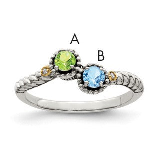 Sterling Silver Antiqued w/14k 2-stone w/Diamond Mother's Ring Semi-Mount