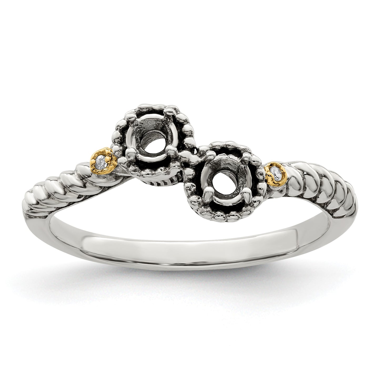 Sterling Silver Antiqued w/14k 2-stone w/Diamond Mother's Ring Semi-Mount