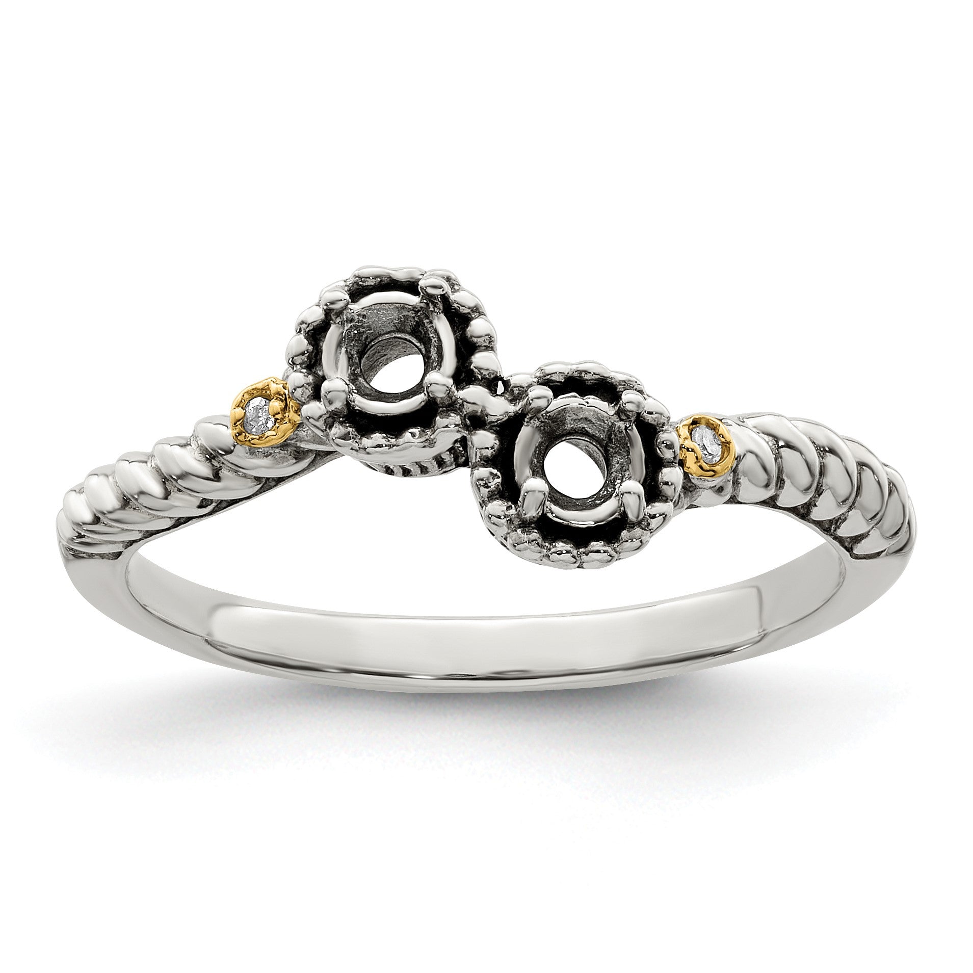 Sterling Silver Antiqued w/14k 2-stone w/Diamond Mother's Ring Semi-Mount
