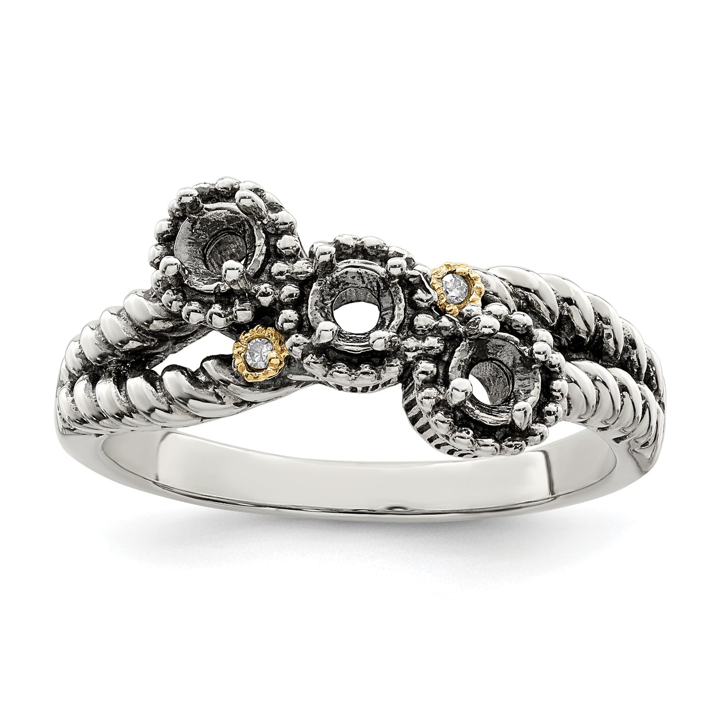 Sterling Silver Antiqued w/14k 3-stone w/Diamond Mother's Ring Semi-Mount
