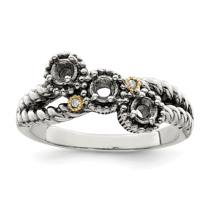 Sterling Silver Antiqued w/14k 3-stone w/Diamond Mother's Ring Semi-Mount
