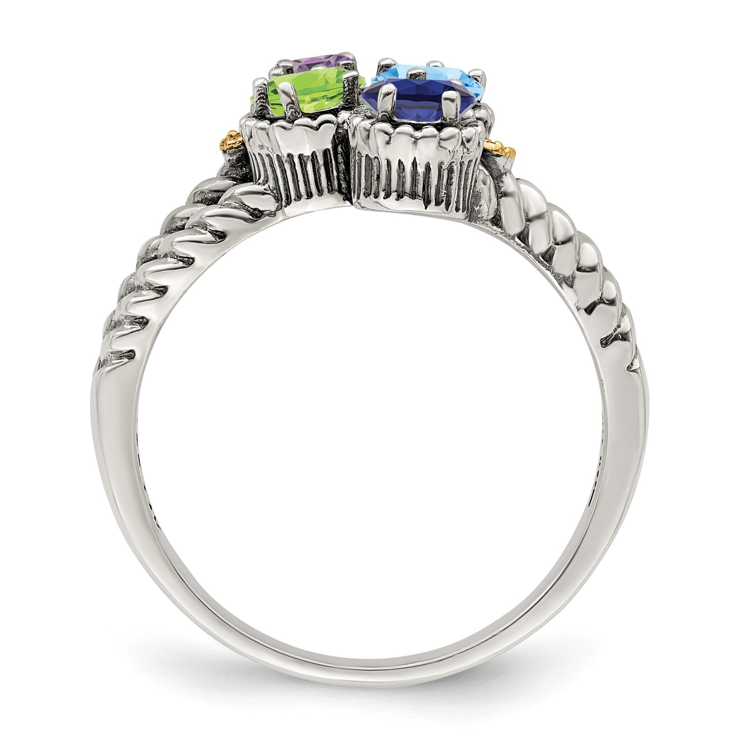 Sterling Silver Antiqued w/14k 4-stone w/Diamond Mother's Ring Semi-Mount