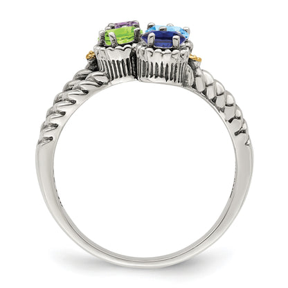 Sterling Silver Antiqued w/14k 4-stone w/Diamond Mother's Ring Semi-Mount
