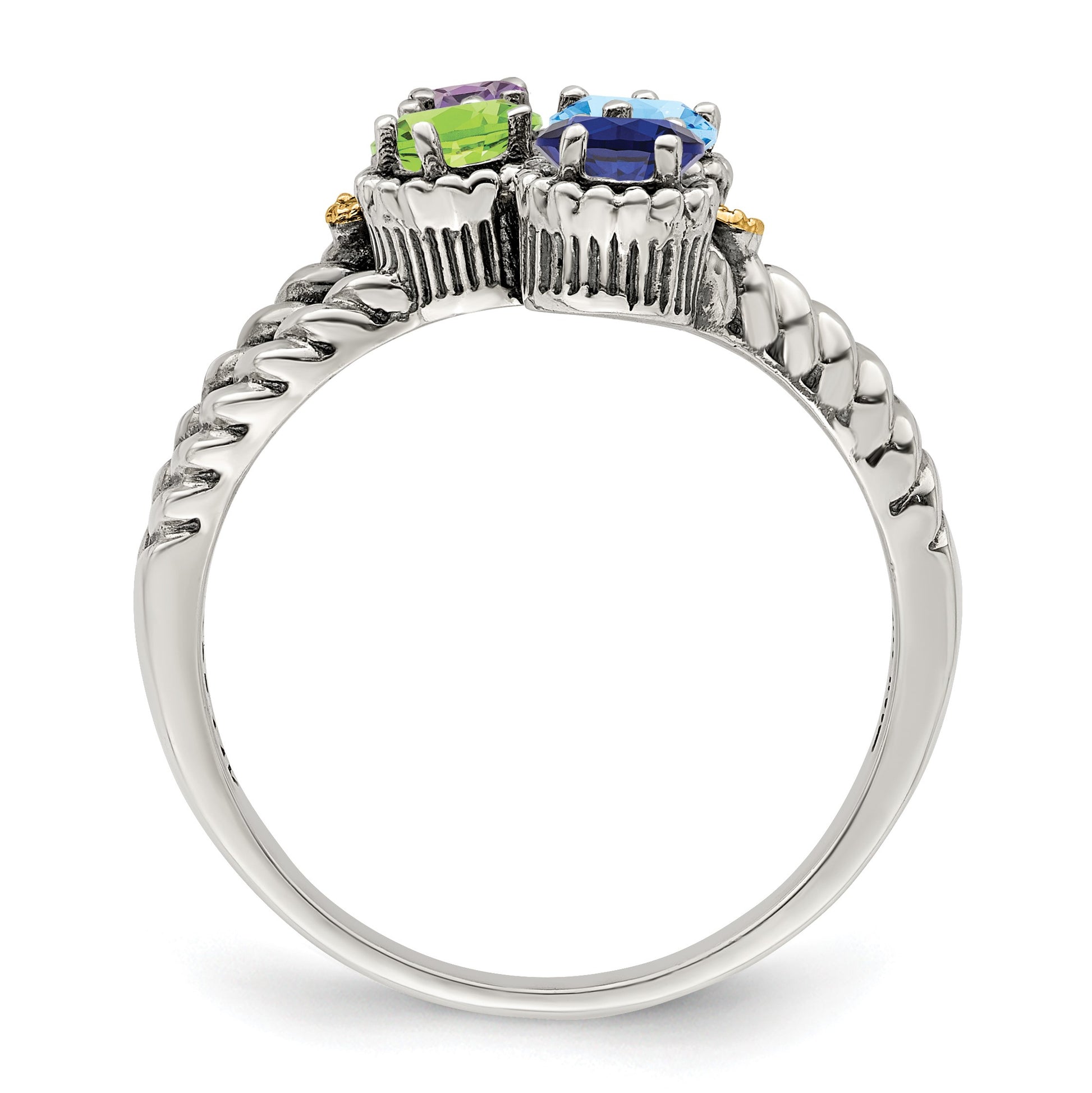 Sterling Silver Antiqued w/14k 4-stone w/Diamond Mother's Ring Semi-Mount