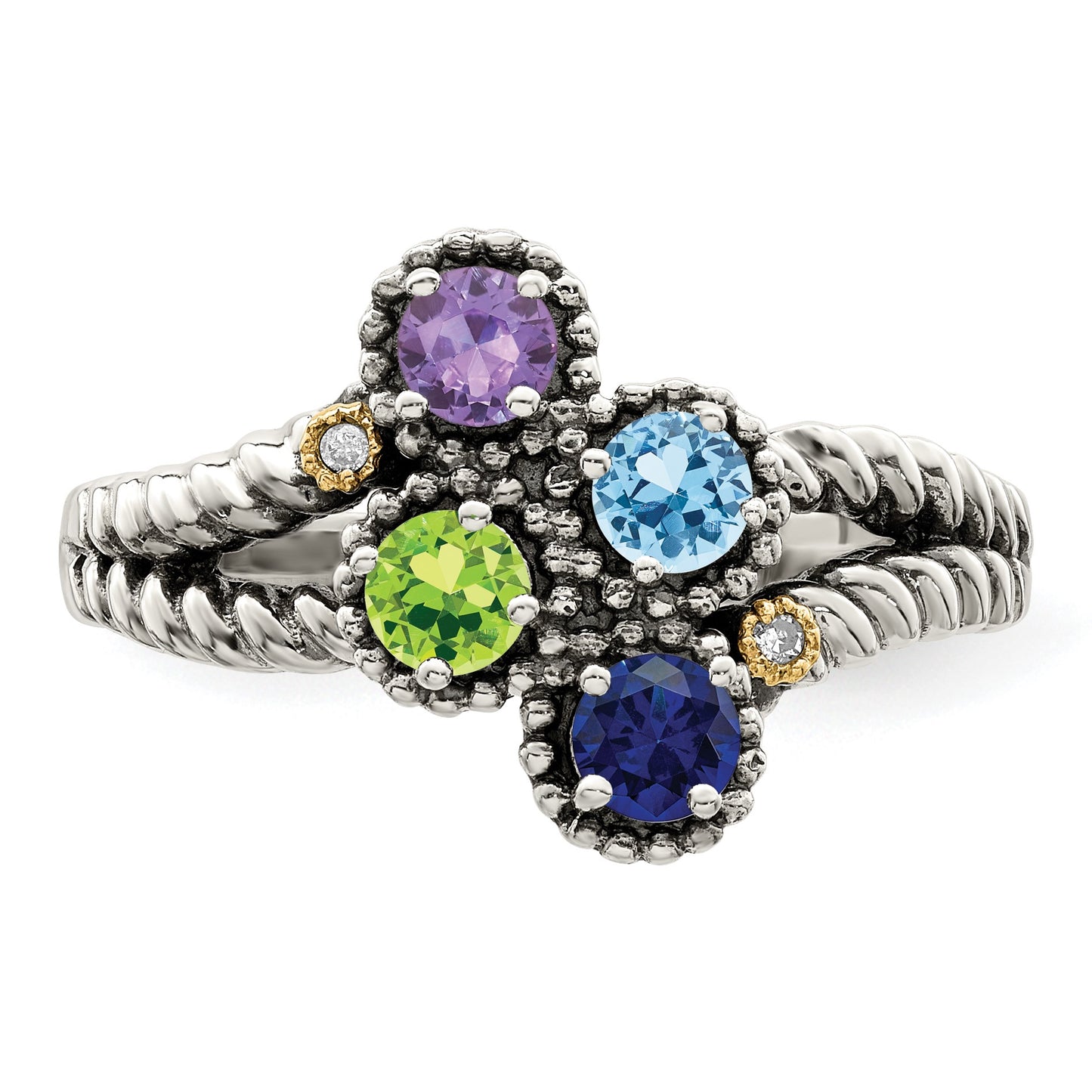 Sterling Silver Antiqued w/14k 4-stone w/Diamond Mother's Ring Semi-Mount