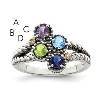 Sterling Silver Antiqued w/14k 4-stone w/Diamond Mother's Ring Semi-Mount