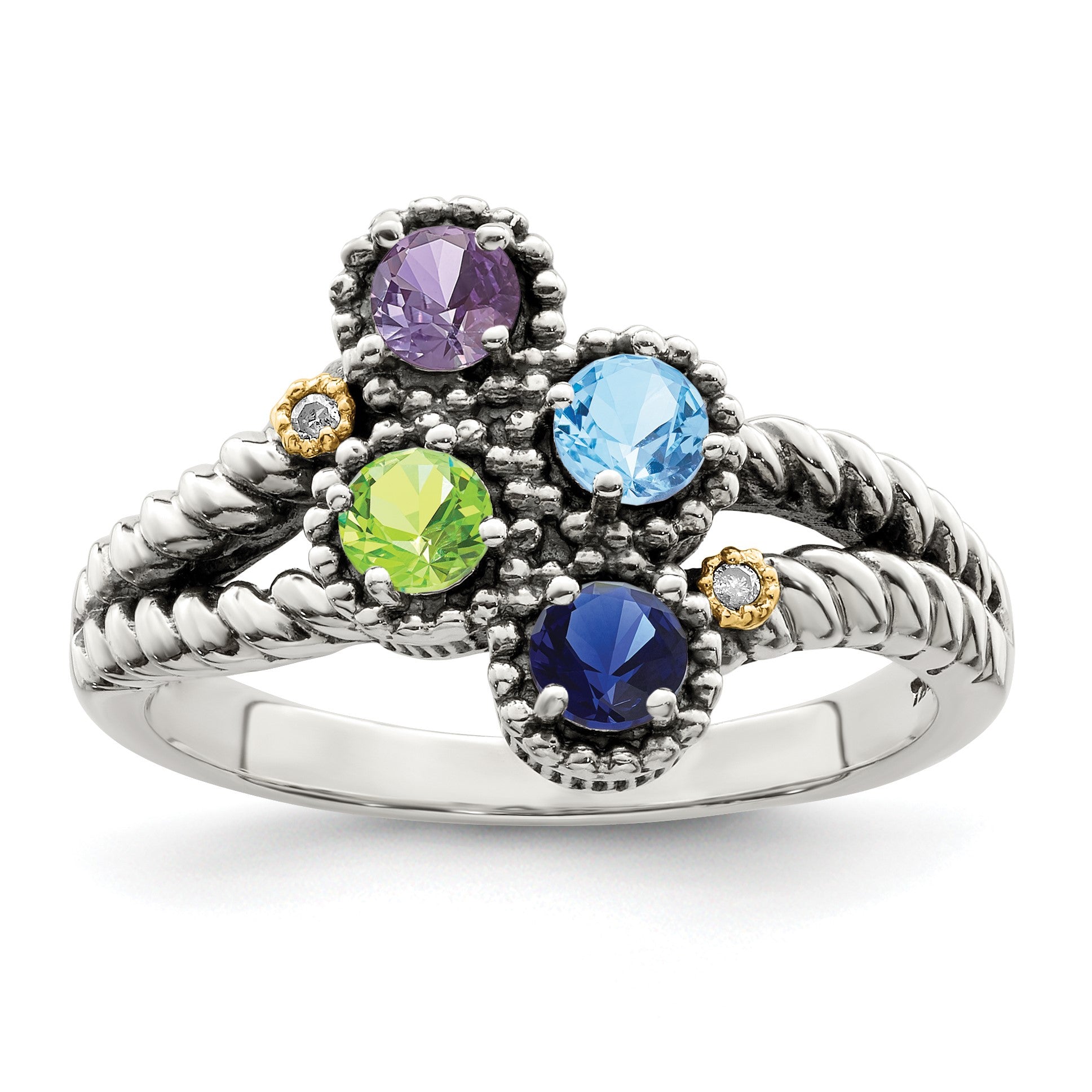 Sterling Silver Antiqued w/14k 4-stone w/Diamond Mother's Ring Semi-Mount