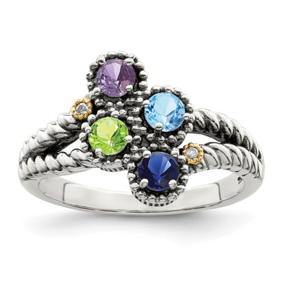 Sterling Silver Antiqued w/14k 4-stone w/Diamond Mother's Ring Semi-Mount