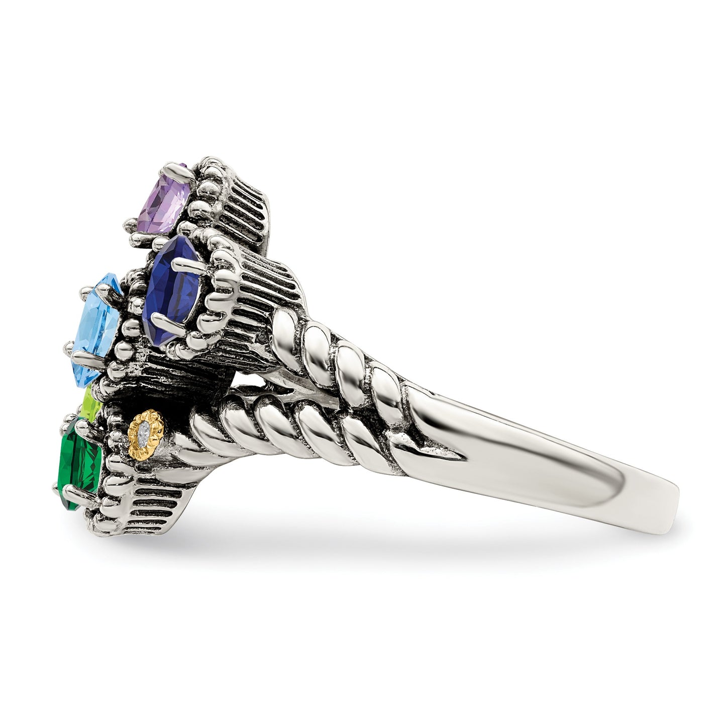 Sterling Silver Antiqued w/14k 5-stone w/Diamond Mother's Ring Semi-Mount