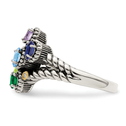 Sterling Silver Antiqued w/14k 5-stone w/Diamond Mother's Ring Semi-Mount