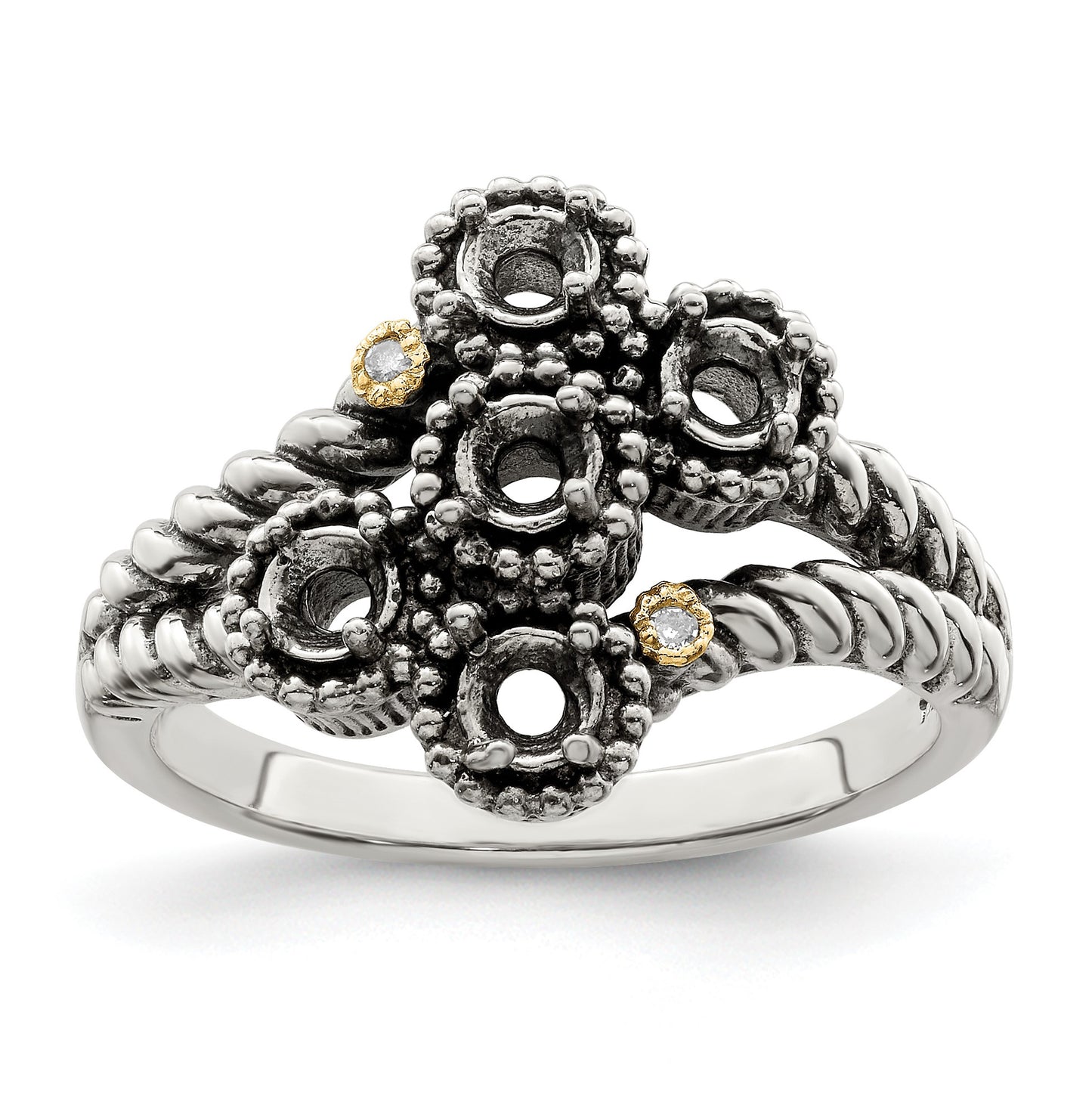Sterling Silver Antiqued w/14k 5-stone w/Diamond Mother's Ring Semi-Mount