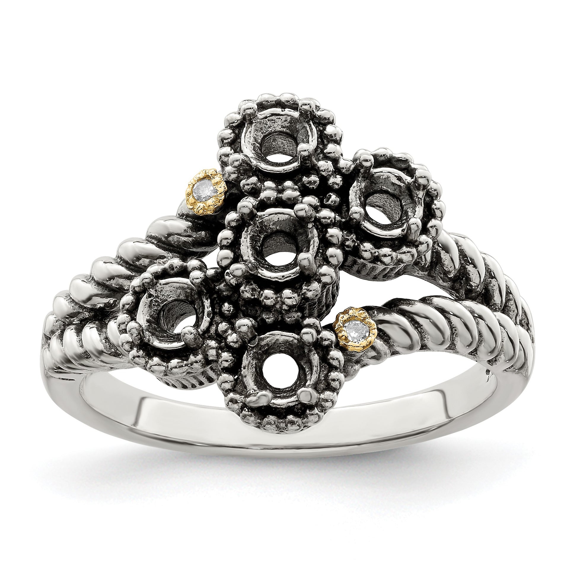 Sterling Silver Antiqued w/14k 5-stone w/Diamond Mother's Ring Semi-Mount
