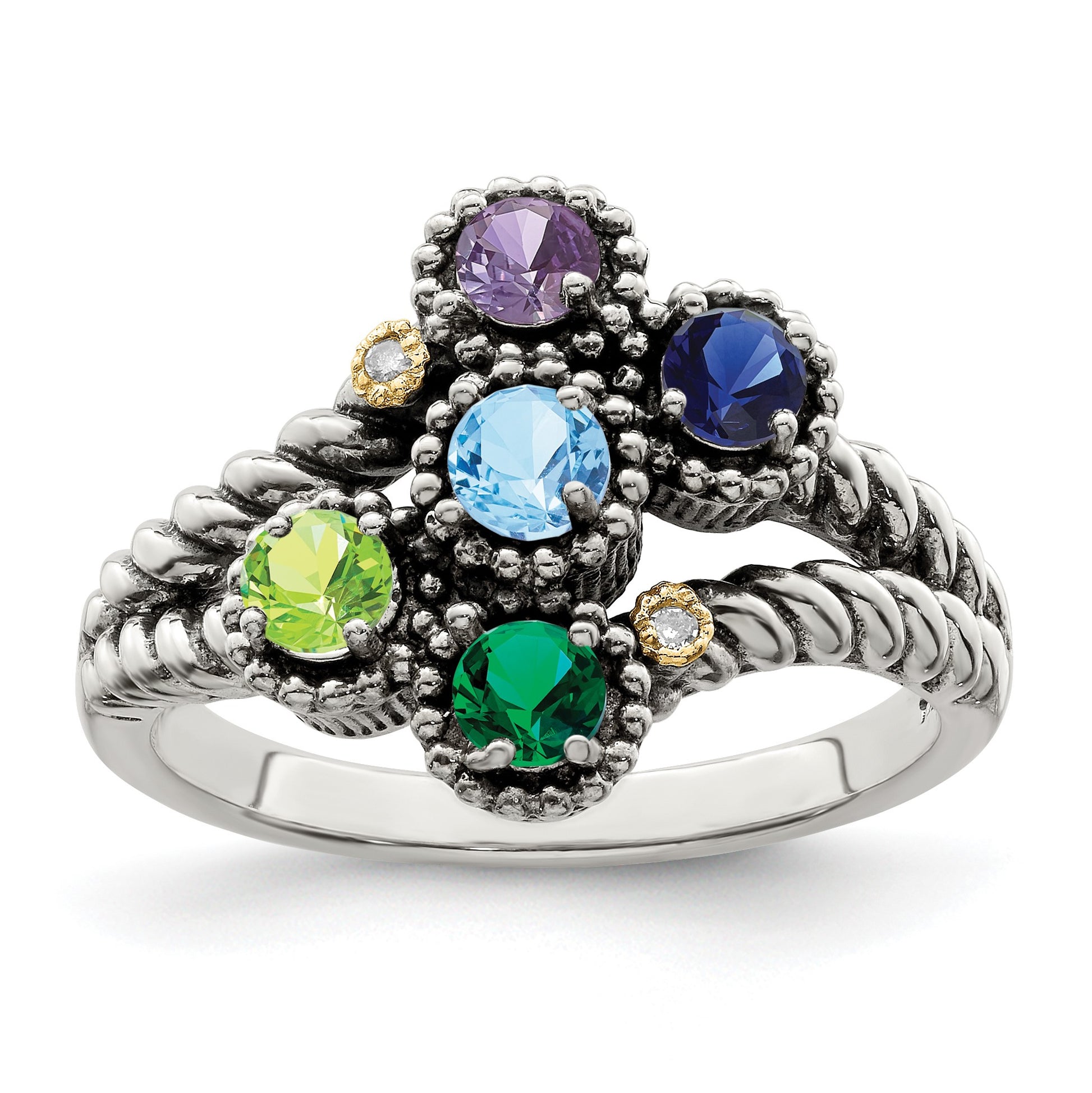 Sterling Silver Antiqued w/14k 5-stone w/Diamond Mother's Ring Semi-Mount