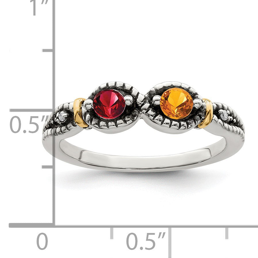 Sterling Silver Antiqued w/14k 2-stone w/Diamond Mother's Ring Semi-Mount