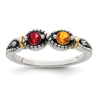 Sterling Silver Antiqued w/14k 2-stone w/Diamond Mother's Ring Semi-Mount