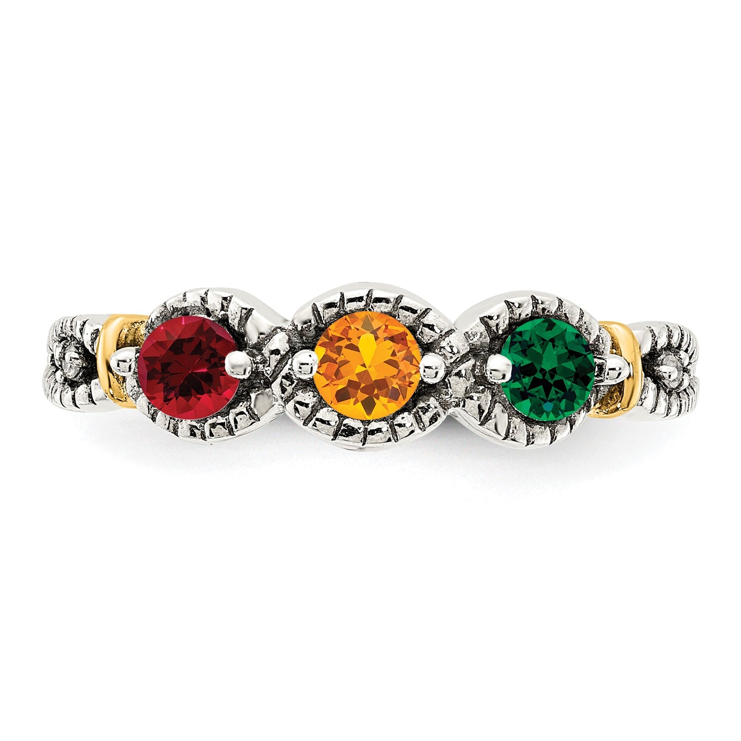 Sterling Silver Antiqued w/14k 3-stone w/Diamond Mother's Ring Semi-Mount
