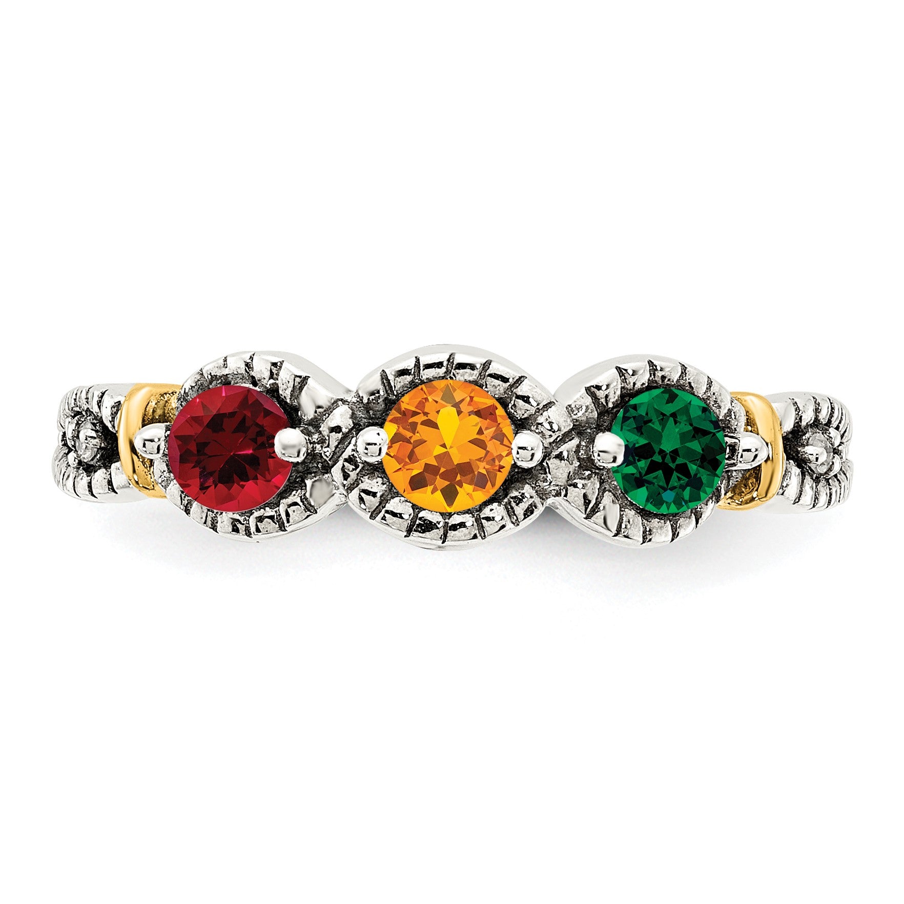 Sterling Silver Antiqued w/14k 3-stone w/Diamond Mother's Ring Semi-Mount