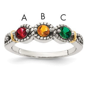Sterling Silver Antiqued w/14k 3-stone w/Diamond Mother's Ring Semi-Mount