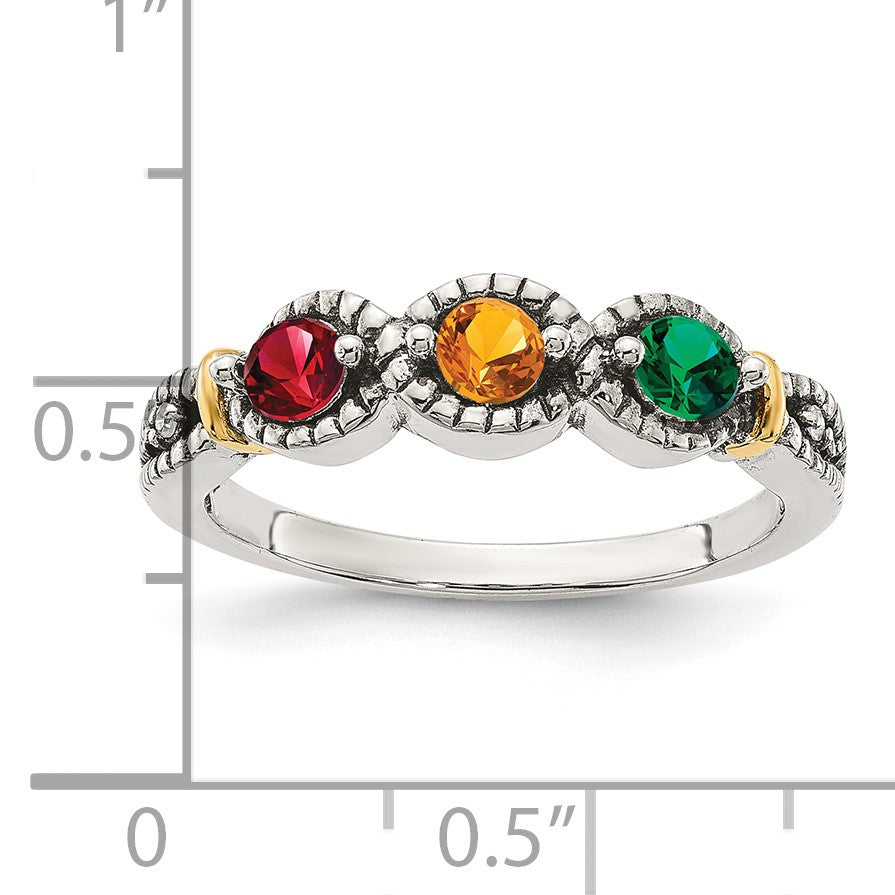 Sterling Silver Antiqued w/14k 3-stone w/Diamond Mother's Ring Semi-Mount