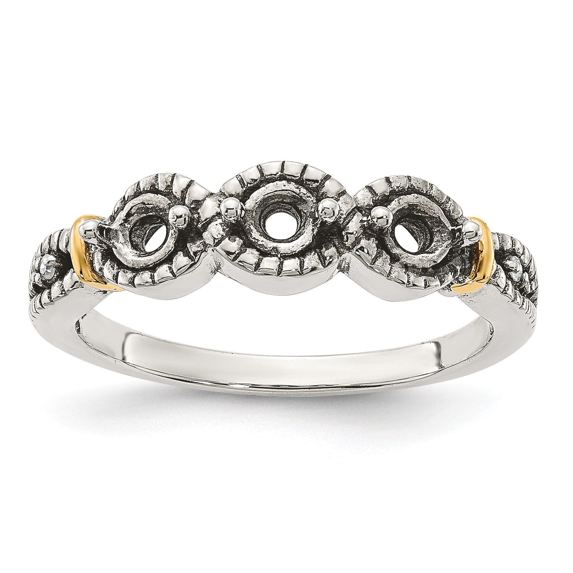 Sterling Silver Antiqued w/14k 3-stone w/Diamond Mother's Ring Semi-Mount