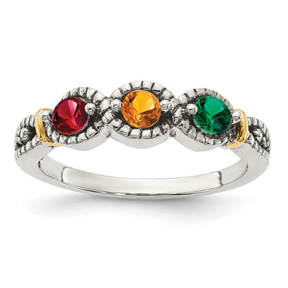 Sterling Silver Antiqued w/14k 3-stone w/Diamond Mother's Ring Semi-Mount