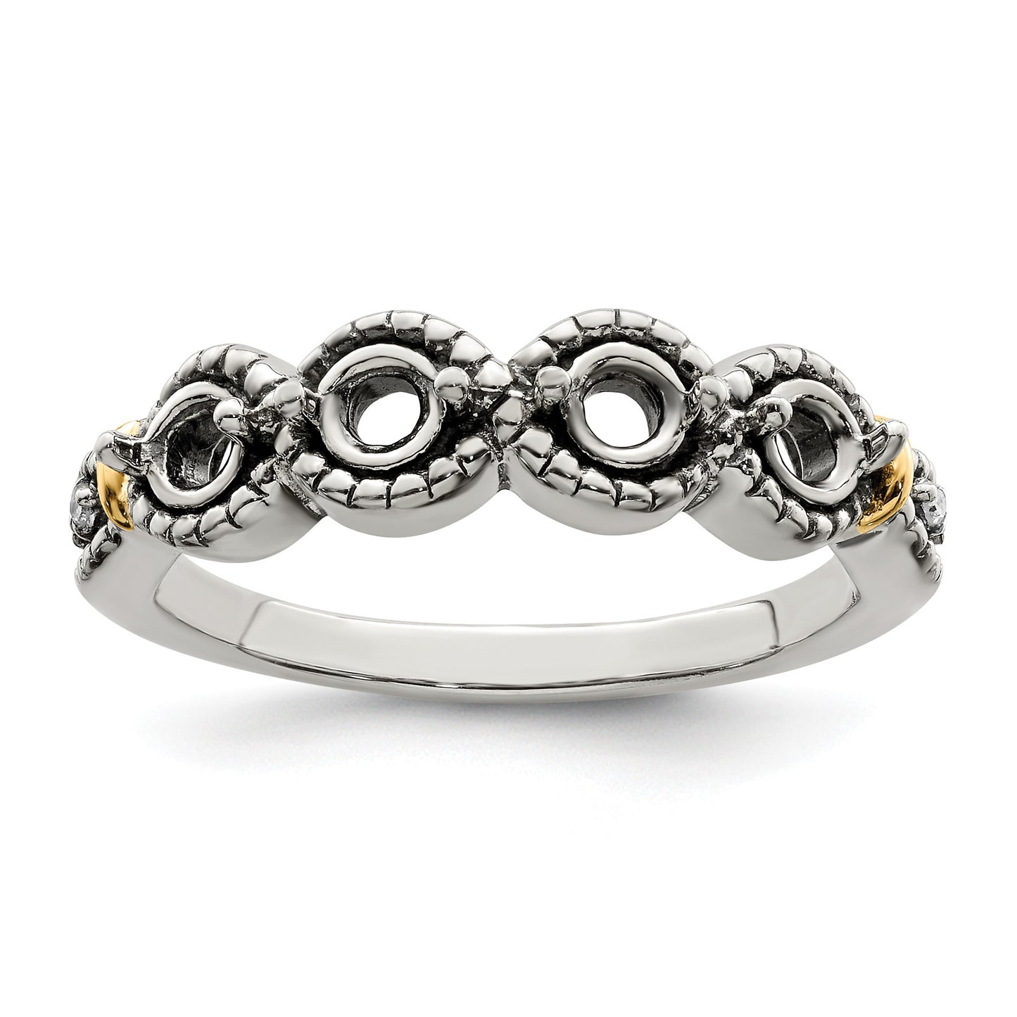 Sterling Silver Antiqued w/14k 4-stone w/Diamond Mother's Ring Semi-Mount