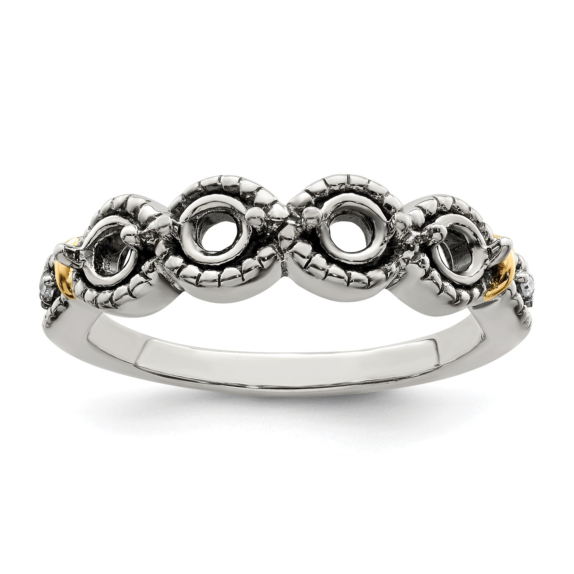 Sterling Silver Antiqued w/14k 4-stone w/Diamond Mother's Ring Semi-Mount