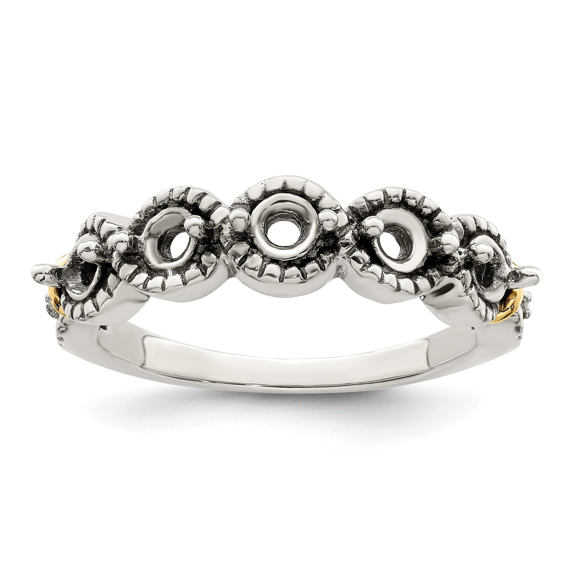 Sterling Silver Antiqued w/14k 5-stone w/Diamond Mother's Ring Semi-Mount
