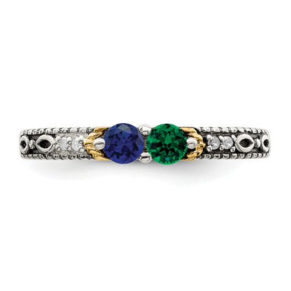 Sterling Silver Antiqued w/14k 2-stone w/Diamond Mother's Ring Semi-Mount