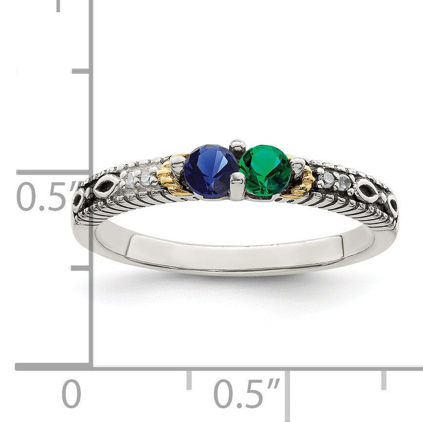 Sterling Silver Antiqued w/14k 2-stone w/Diamond Mother's Ring Semi-Mount