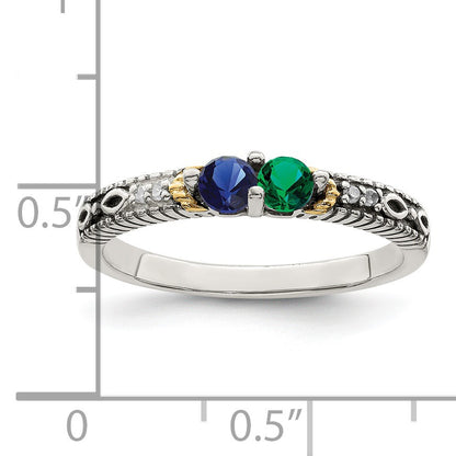 Sterling Silver Antiqued w/14k 2-stone w/Diamond Mother's Ring Semi-Mount