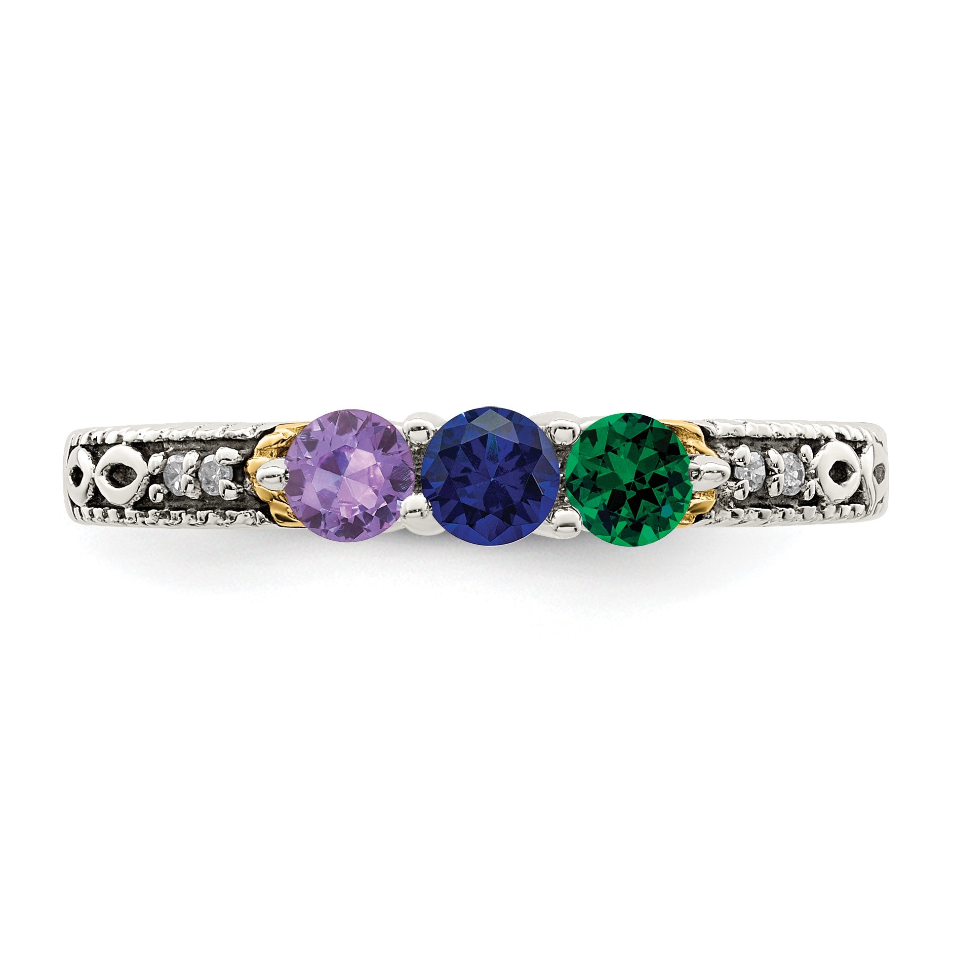 Sterling Silver Antiqued w/14k 3-stone w/Diamond Mother's Ring Semi-Mount