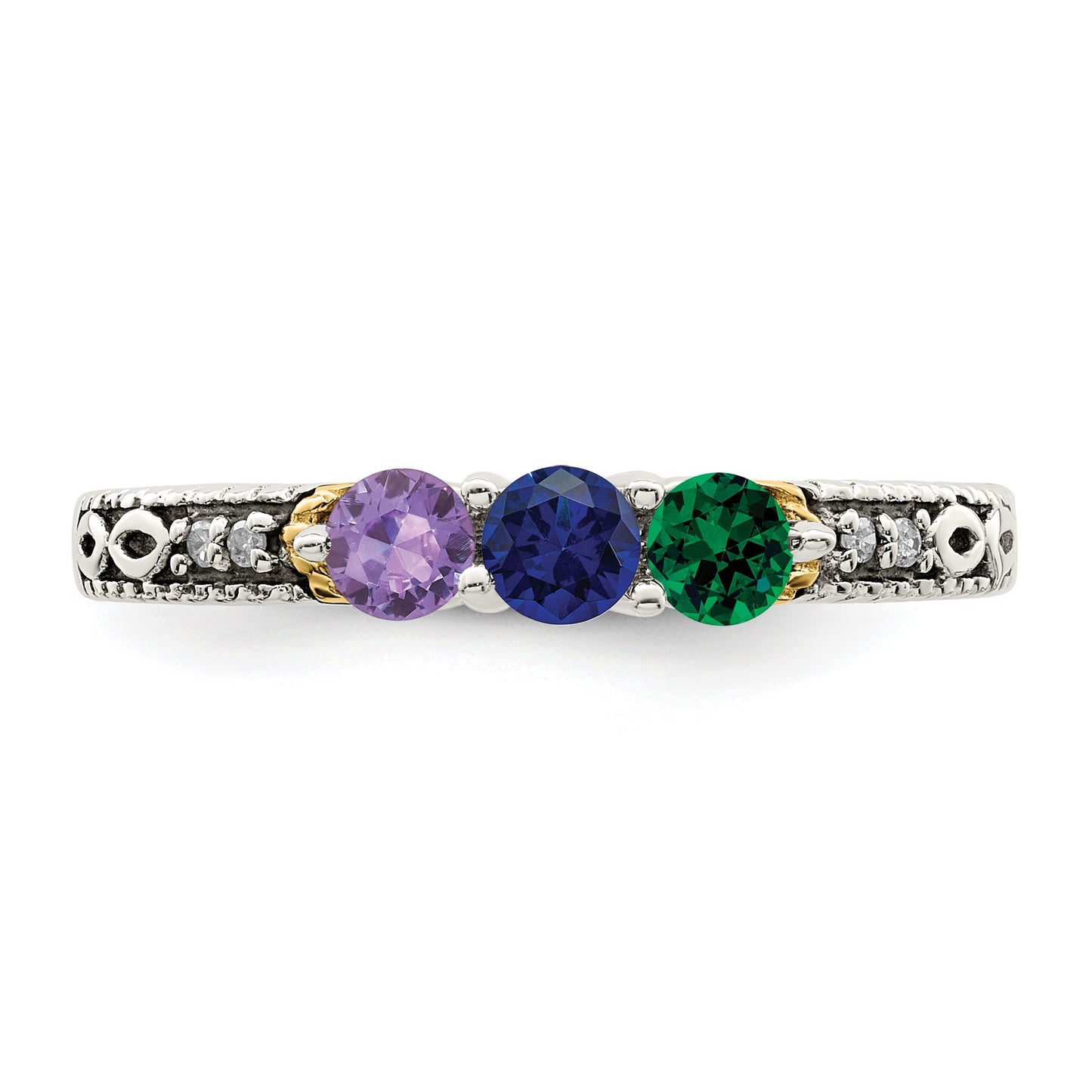 Sterling Silver Antiqued w/14k 3-stone w/Diamond Mother's Ring Semi-Mount