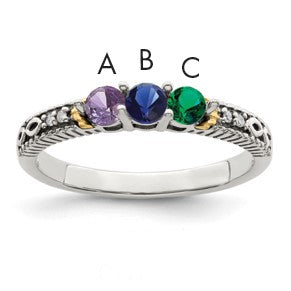 Sterling Silver Antiqued w/14k 3-stone w/Diamond Mother's Ring Semi-Mount