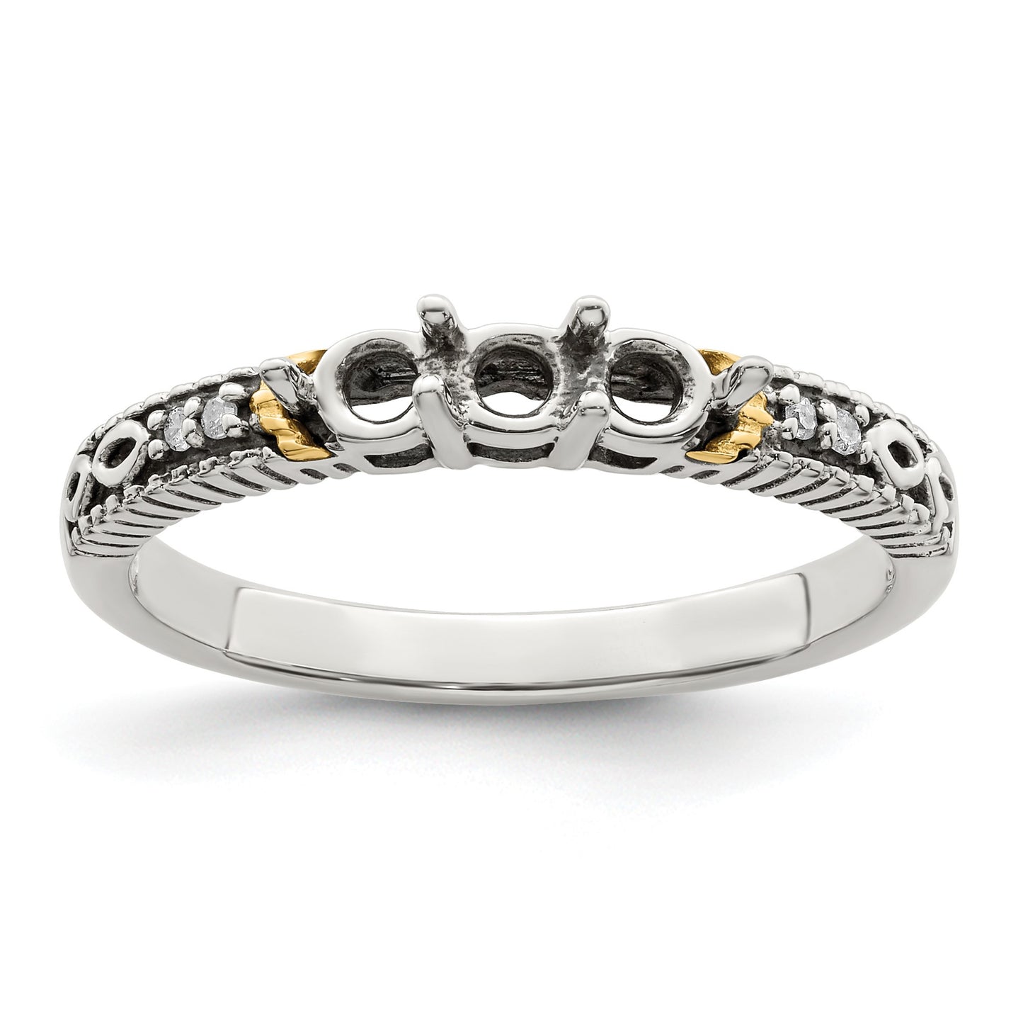 Sterling Silver Antiqued w/14k 3-stone w/Diamond Mother's Ring Semi-Mount