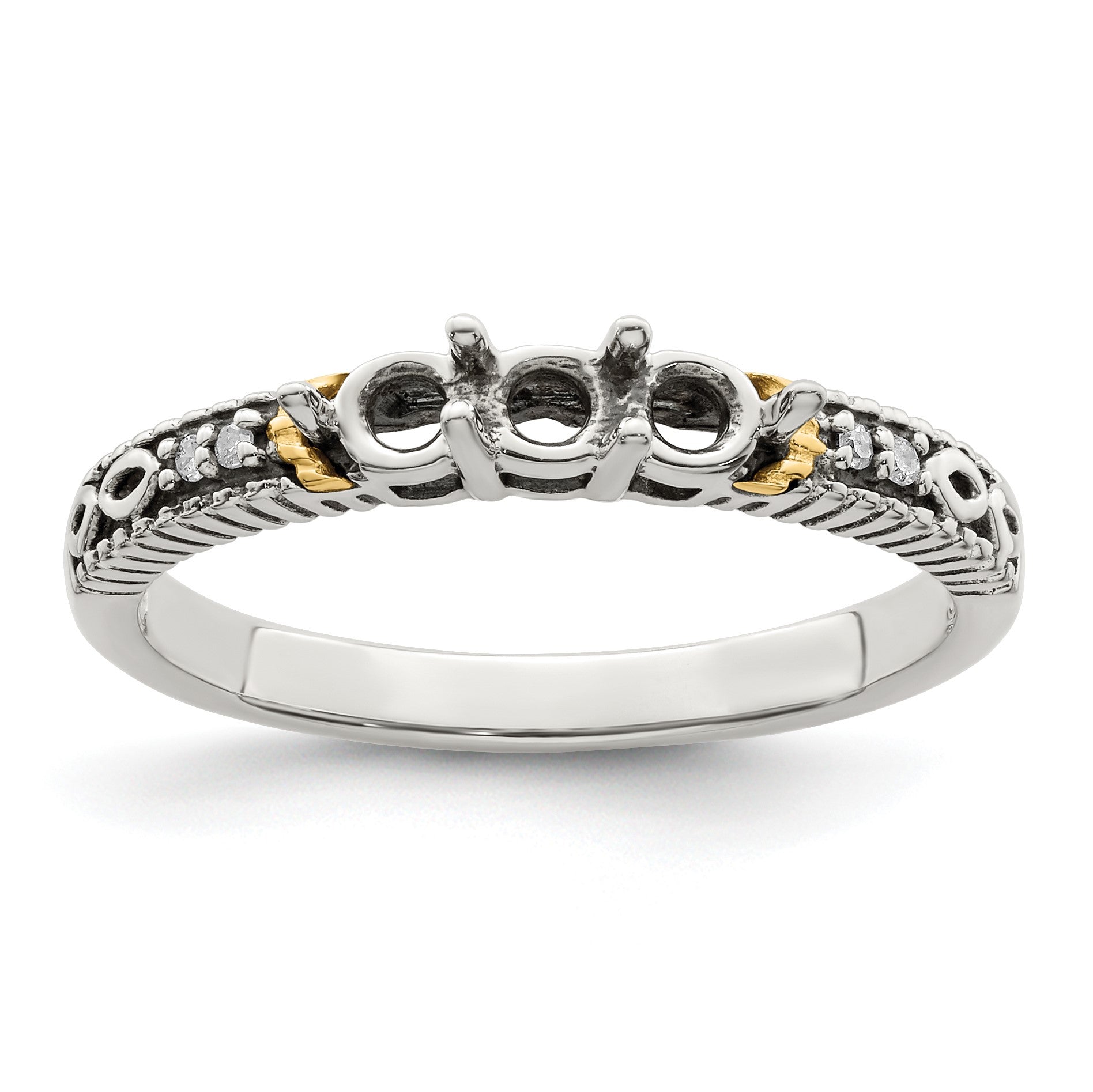 Sterling Silver Antiqued w/14k 3-stone w/Diamond Mother's Ring Semi-Mount