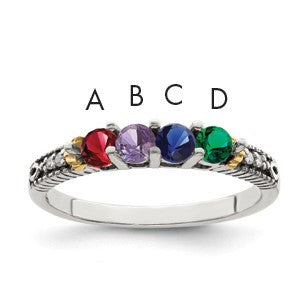 Sterling Silver Antiqued w/14k 4-stone w/Diamond Mother's Ring Semi-Mount