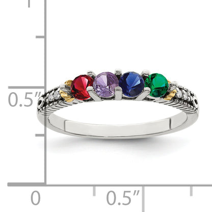 Sterling Silver Antiqued w/14k 4-stone w/Diamond Mother's Ring Semi-Mount
