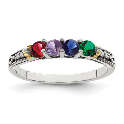 Sterling Silver Antiqued w/14k 4-stone w/Diamond Mother's Ring Semi-Mount